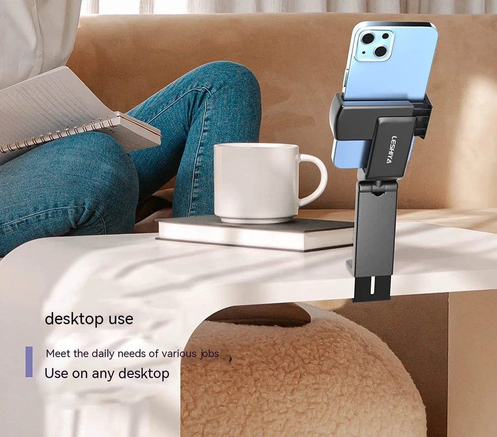 Foldable rotating phone holder in black, green or grey showing multiple viewing angles
