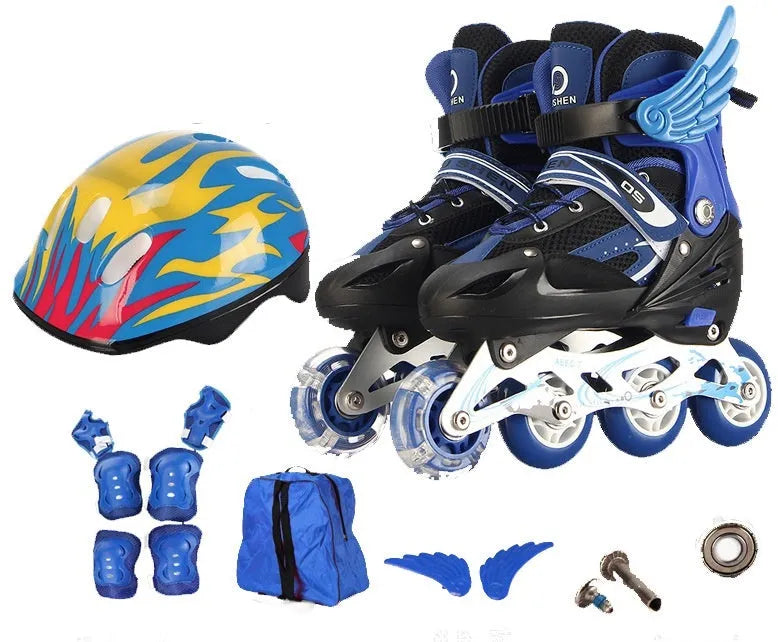 Adjustable children's inline skates with aluminium bracket in five colours including protective gear set