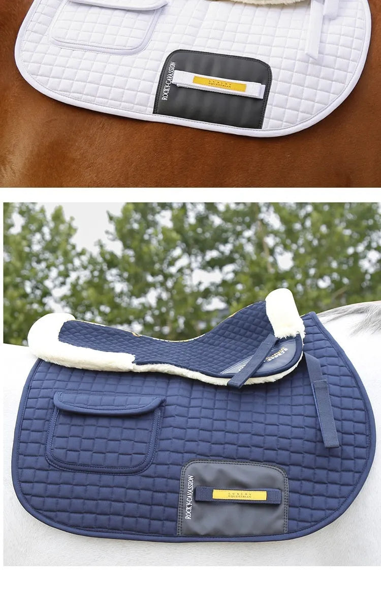 Equestrian riding saddle pad in wool blend with shock absorption foam for waist protection.