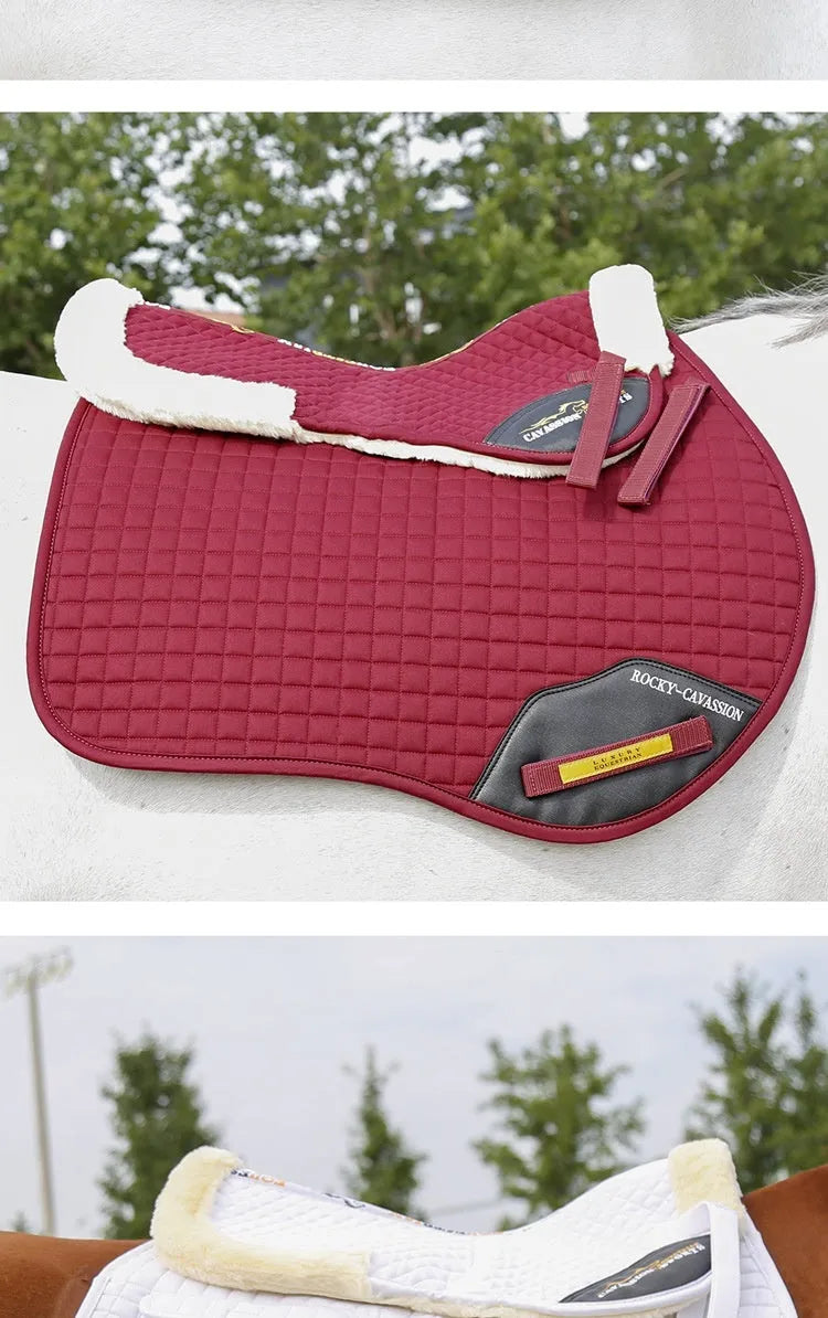 Equestrian riding saddle pad in wool blend with shock absorption foam for waist protection.