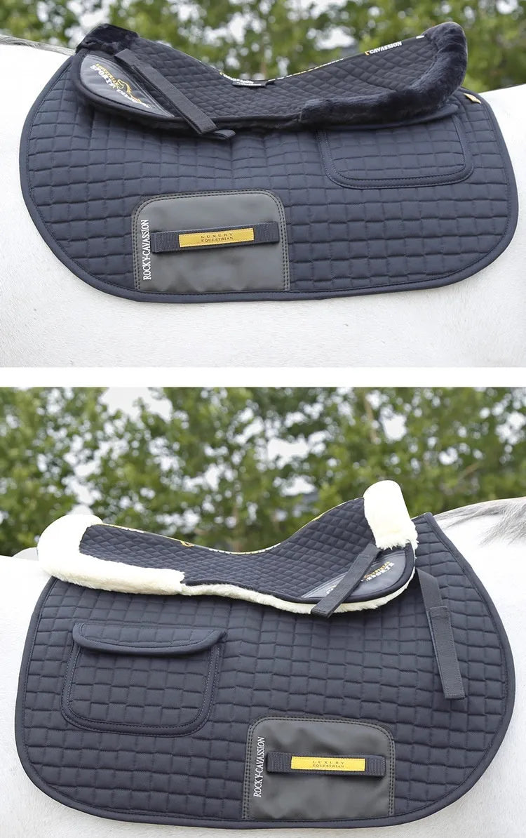Equestrian riding saddle pad in wool blend with shock absorption foam for waist protection.