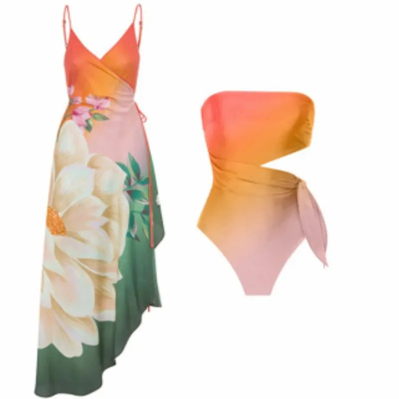 Women's retro printed one-piece swimsuit in quick-dry polyester fabric on a mannequin