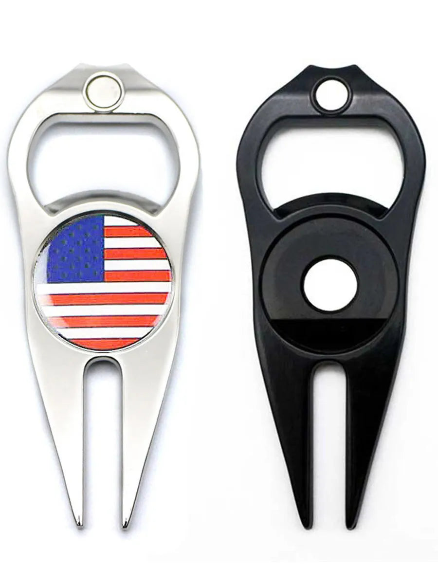 Golf ball fork bottle opener tool in zinc alloy with ball yoke and coin accessories