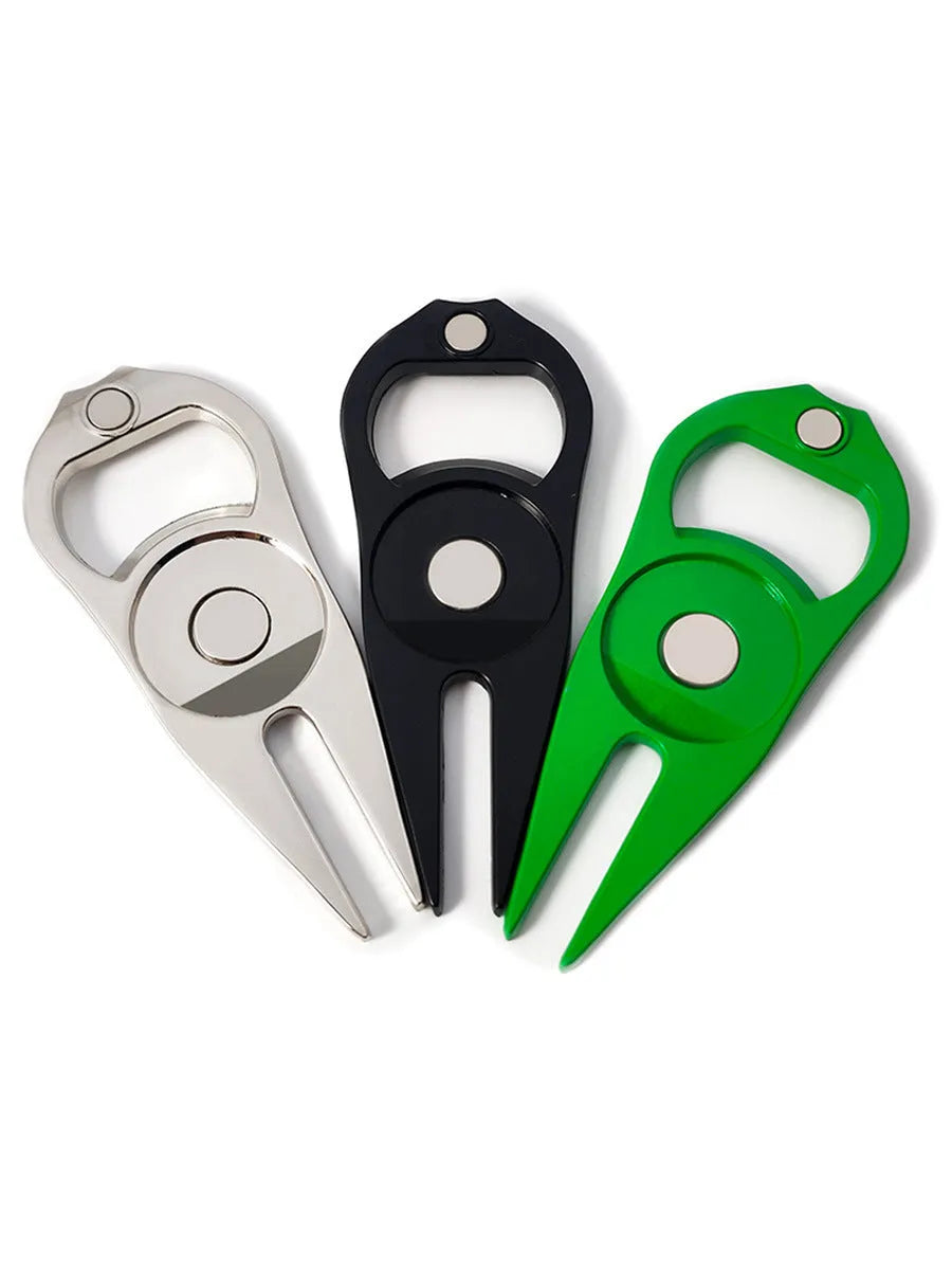 Golf ball fork bottle opener tool in zinc alloy with ball yoke and coin accessories
