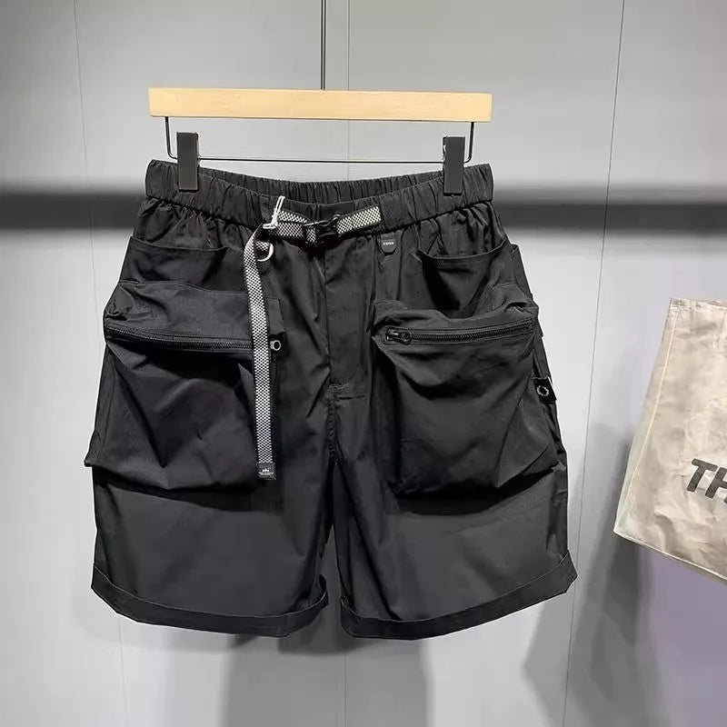 Men's black loose fitting work shorts with multiple pockets and straight leg hem