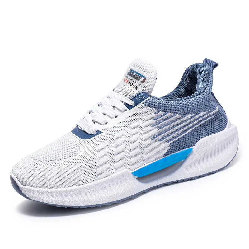 Men's blue casual mesh sports shoes with a round toe and cloth upper on a white background.