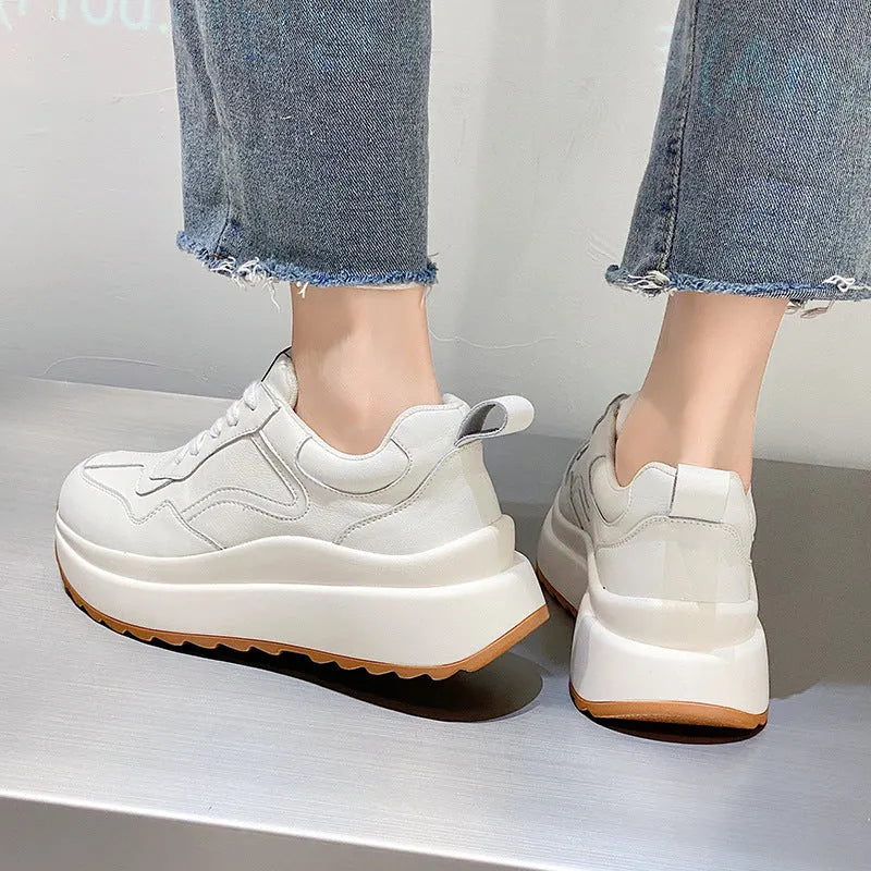 Women's beige cattlehide leather casual sports shoes with cross strap and English muffin heel