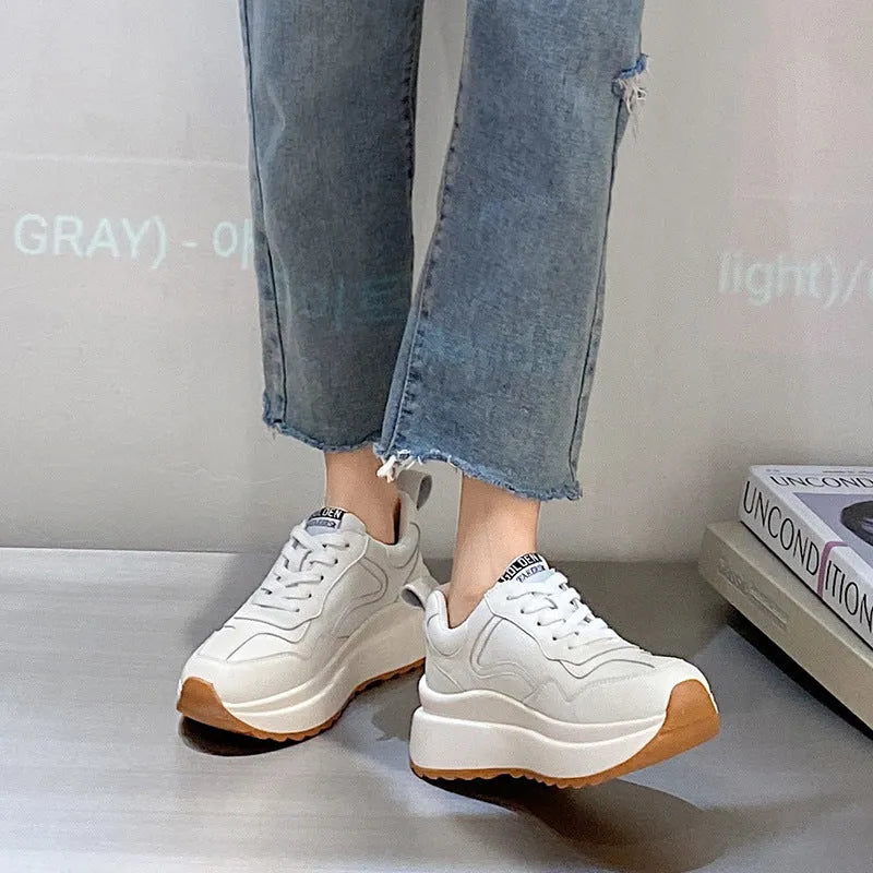 Women's beige cattlehide leather casual sports shoes with cross strap and English muffin heel