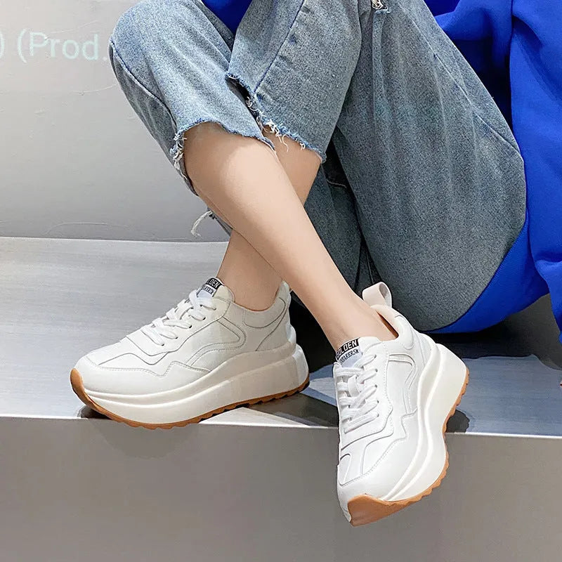 Women's beige cattlehide leather casual sports shoes with cross strap and English muffin heel