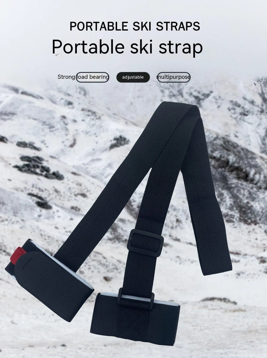 Adjustable skiing bandage strap with shoulder carry for ski and snowboard transport