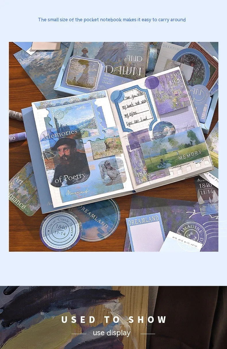 A6 grid notebook journal gift box with artistic plaid design including cards, photo frames, stickers, and paper accessories
