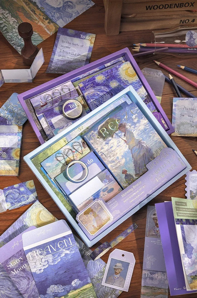 A6 grid notebook journal gift box with artistic plaid design including cards, photo frames, stickers, and paper accessories