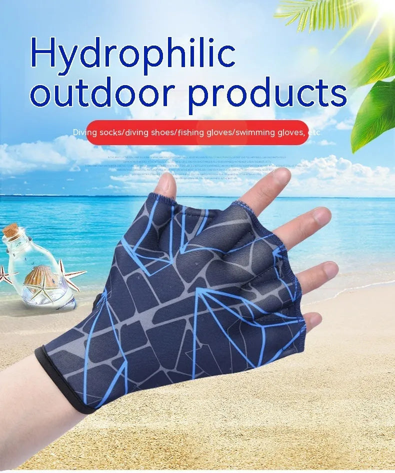 Duck feet webbed swimming gloves in multiple colour prints, sizes S, M, L.