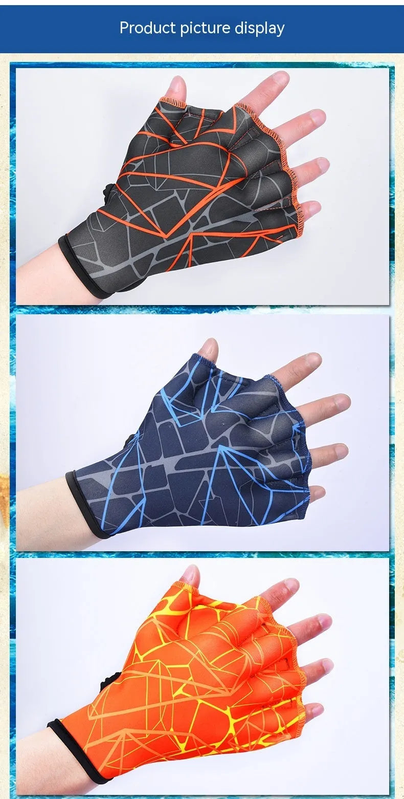 Duck feet webbed swimming gloves in multiple colour prints, sizes S, M, L.