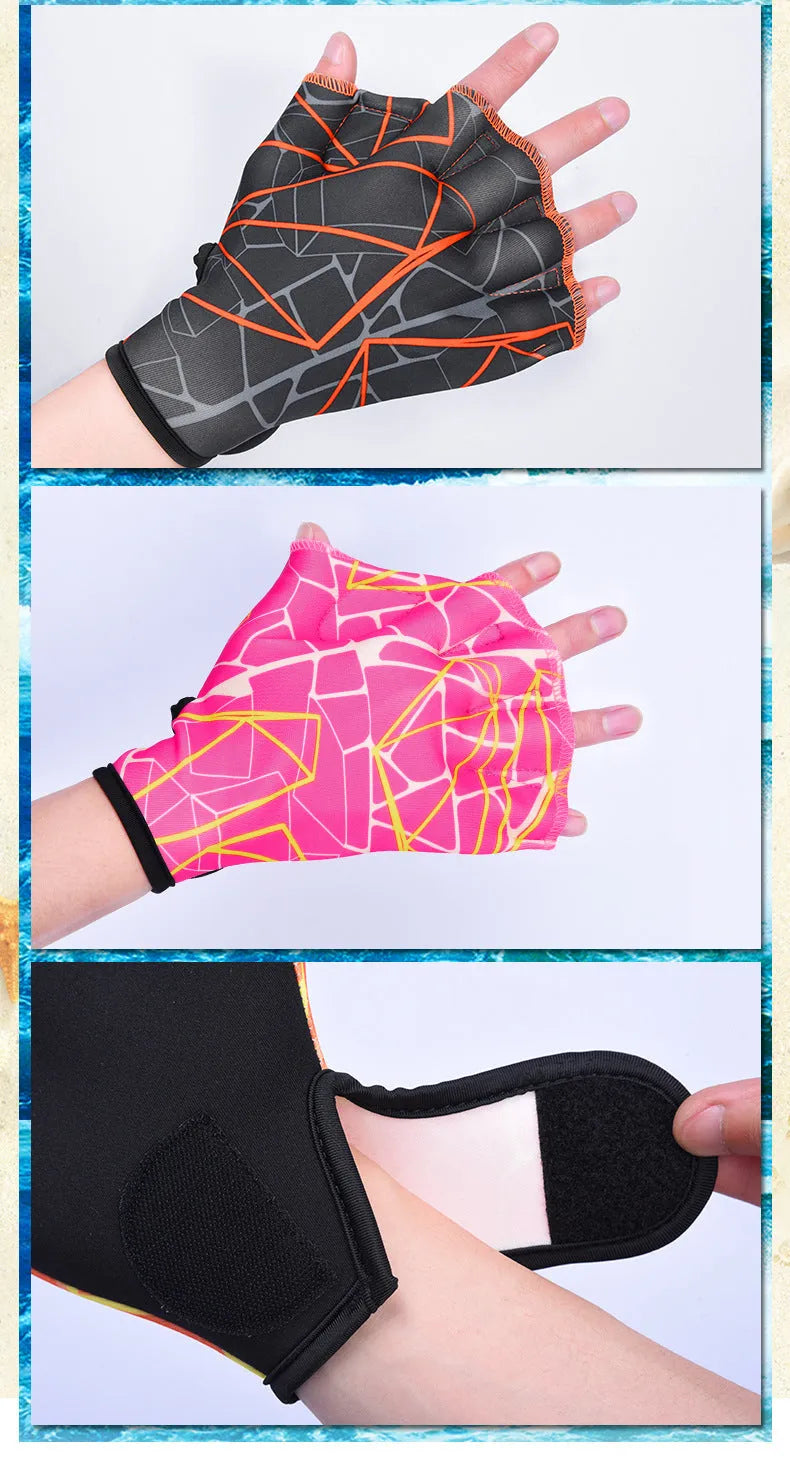 Duck feet webbed swimming gloves in multiple colour prints, sizes S, M, L.