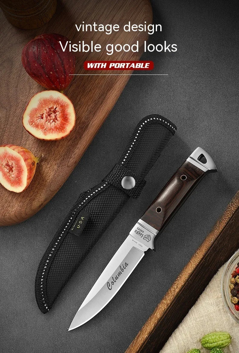 Camping multifunctional portable fruit knife with stainless steel blade in leather case
