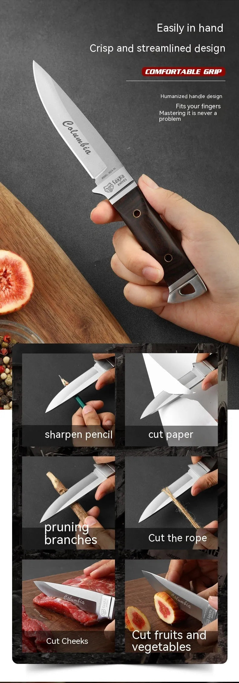 Camping multifunctional portable fruit knife with stainless steel blade in leather case