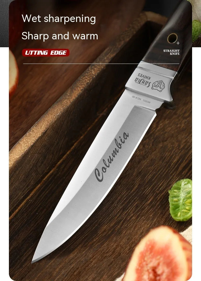 Camping multifunctional portable fruit knife with stainless steel blade in leather case