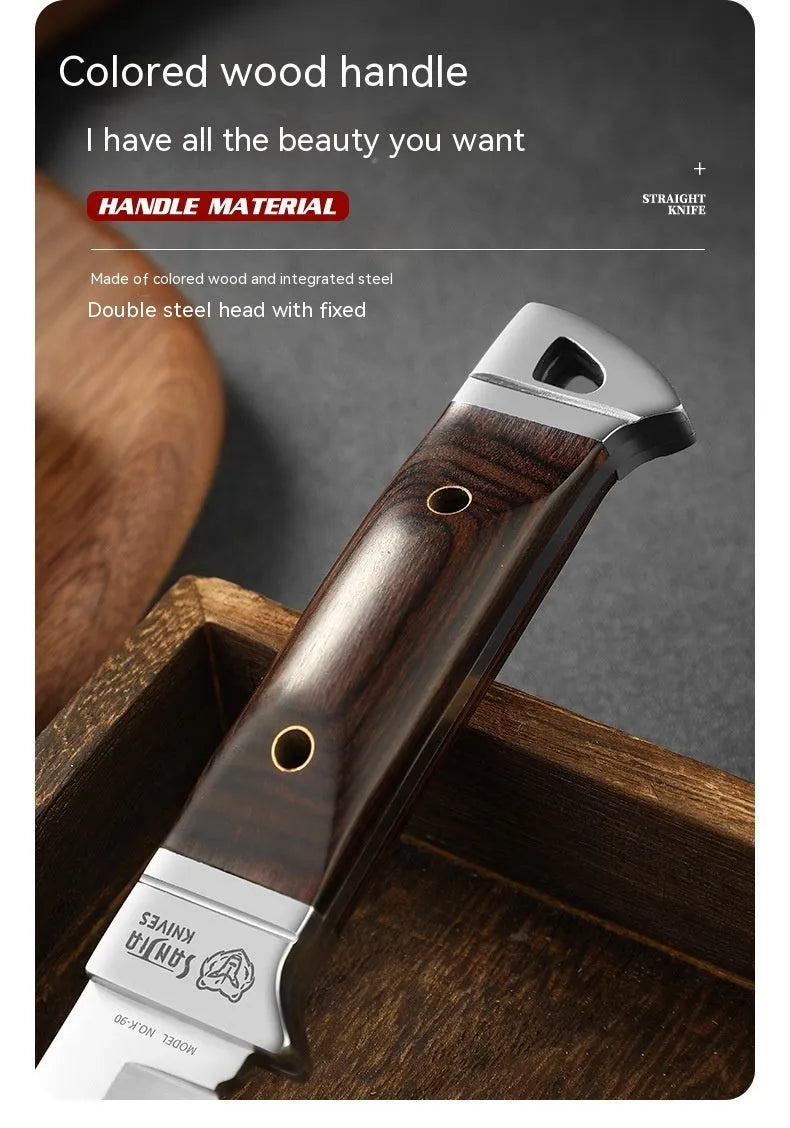 Camping multifunctional portable fruit knife with stainless steel blade in leather case