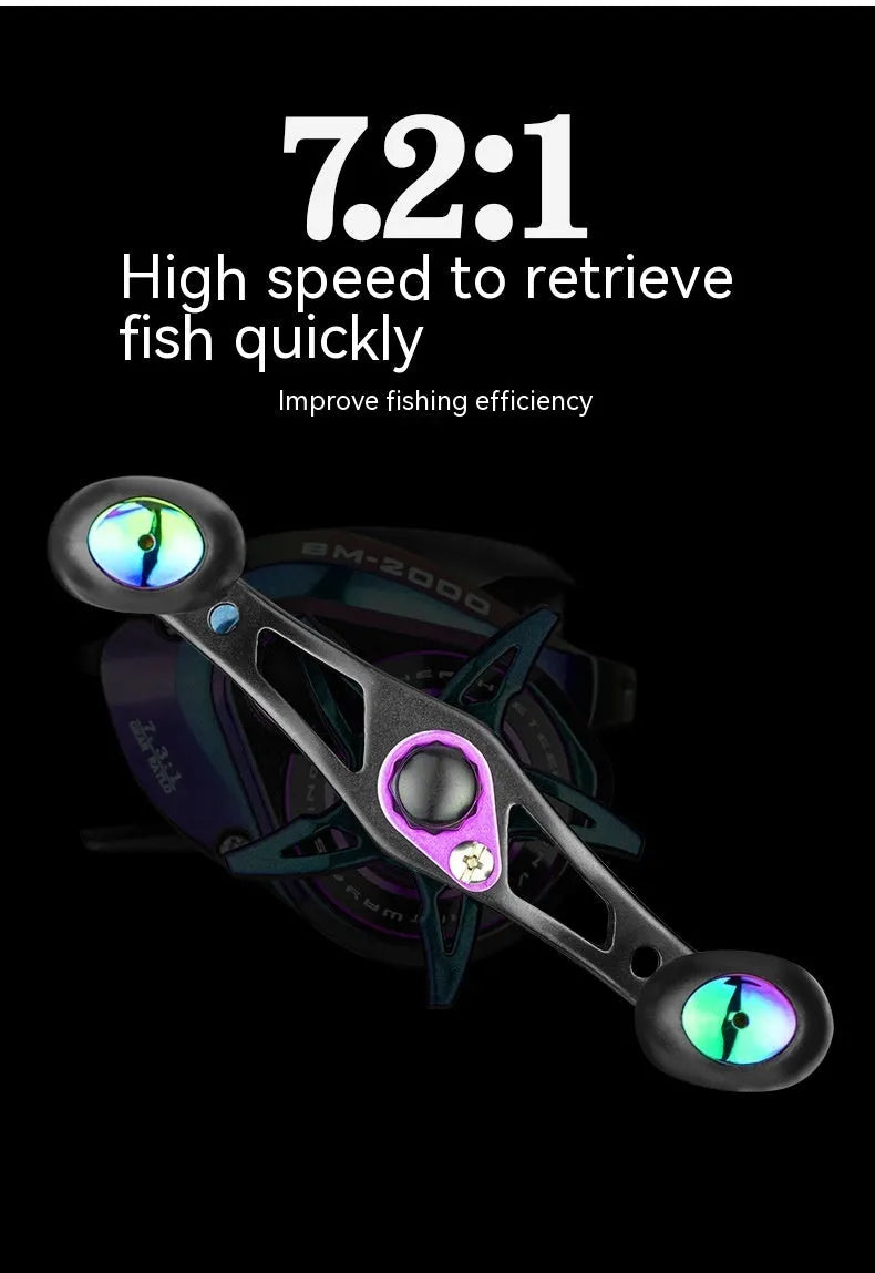 BM2000 fishing reel with water drop design, shown in left-hand and right-hand retrieve models.