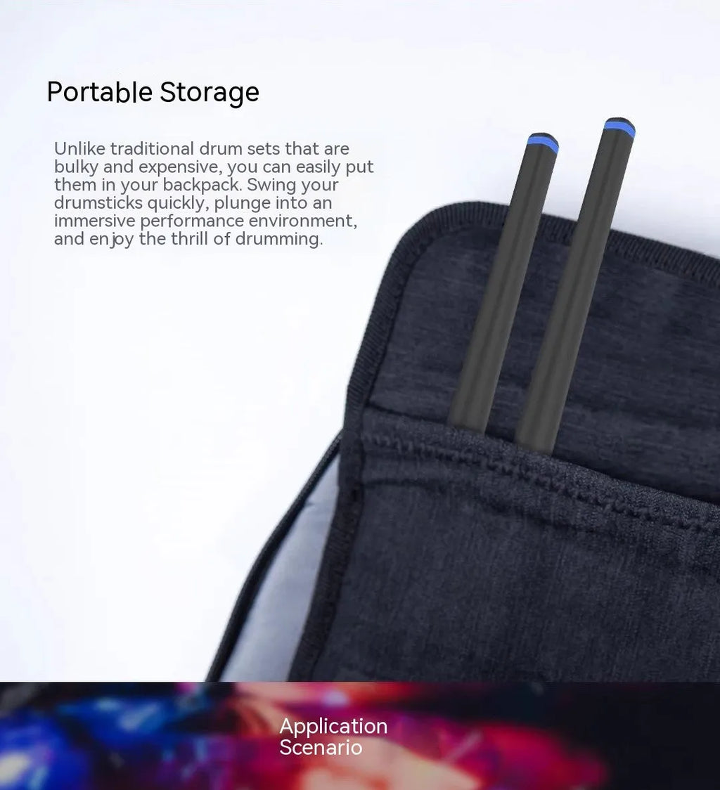 Black somatosensory air drum kit with wireless connectivity and LED lighting