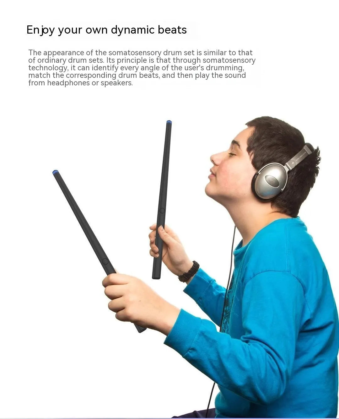 Black somatosensory air drum kit with wireless connectivity and LED lighting