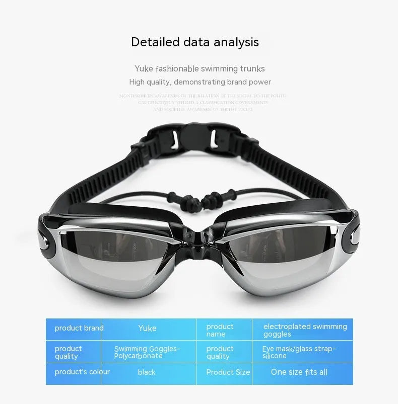 Men's black 5-piece swimming set including trunks, goggles, cap, ear plugs with nose clip, and carrying bag.