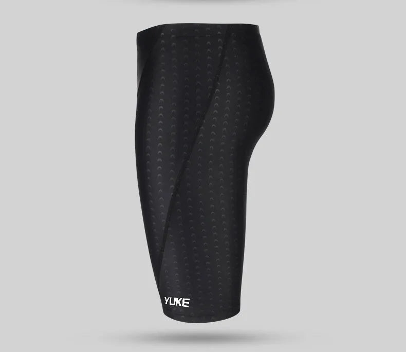 Men's black 5-piece swimming set including trunks, goggles, cap, ear plugs with nose clip, and carrying bag.