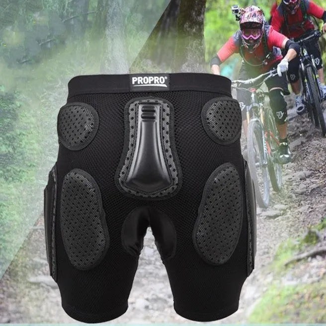 Black cycling hip protection pants with integrated impact-absorbing pads for mountain biking and BMX