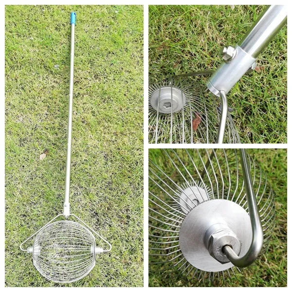 Stainless steel golf ball picker with telescopic handle in metallic colour