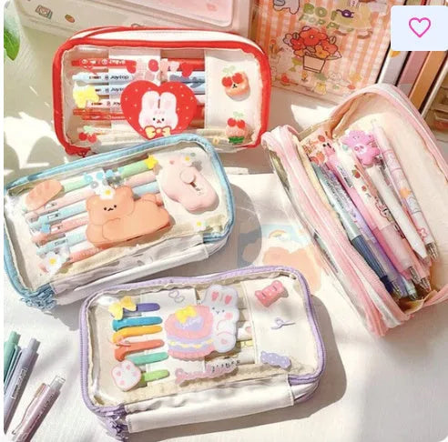 Transparent heart-shaped pen bag with rabbit illustrations in pink or red Korean-style design