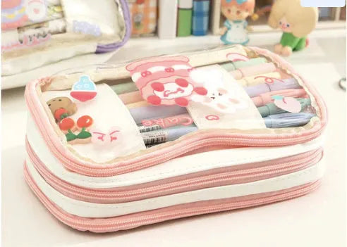 Transparent heart-shaped pen bag with rabbit illustrations in pink or red Korean-style design