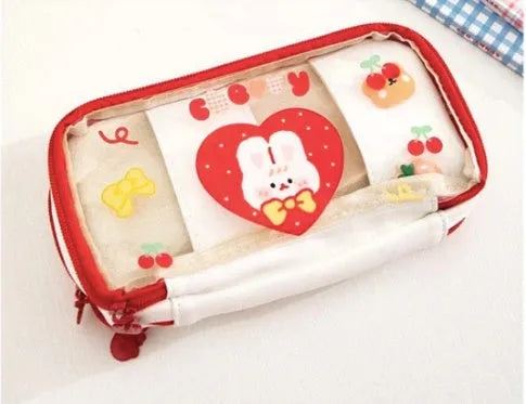Transparent heart-shaped pen bag with rabbit illustrations in pink or red Korean-style design