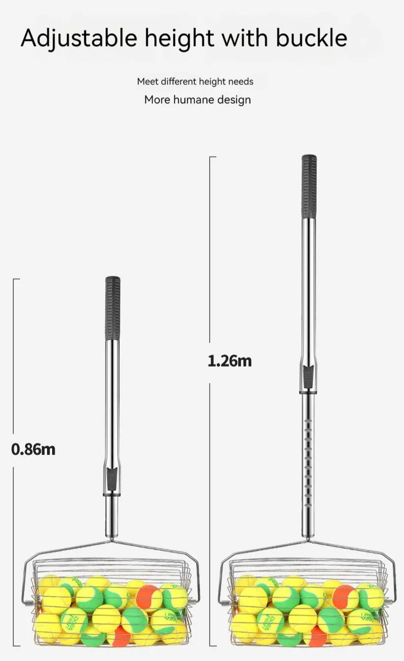Stainless steel tennis ball roller picker with adjustable width on a court.