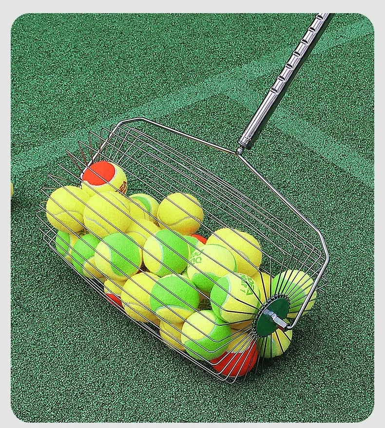 Stainless steel tennis ball roller picker with adjustable width on a court.