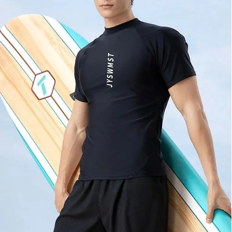 Men's plus size swimming trunks suit in polyester fabric showing complete set with top and pants