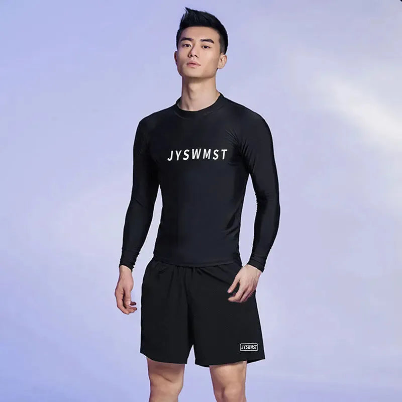 Men's plus size swimming trunks suit in polyester fabric showing complete set with top and pants