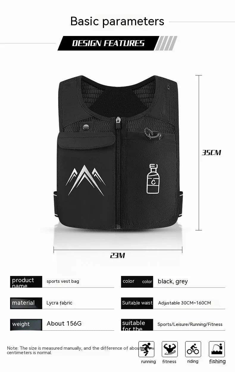 Black breathable mesh running vest with phone compartment and optional hydration flask for outdoor sports
