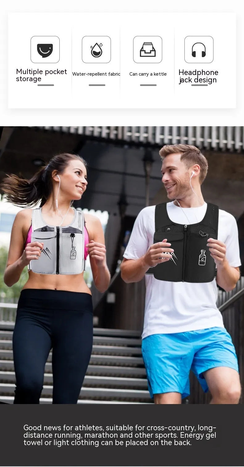 Black breathable mesh running vest with phone compartment and optional hydration flask for outdoor sports