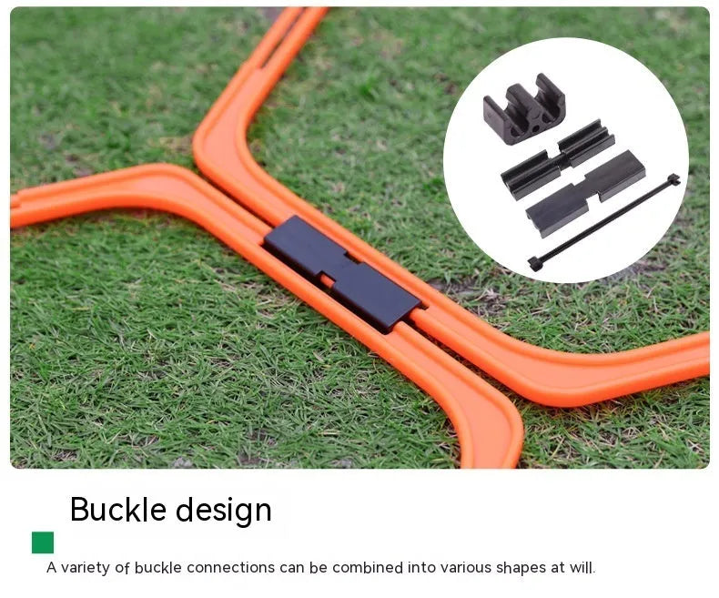 Set of six foldable yellow green and orange hexagon football agility training rings on grass.