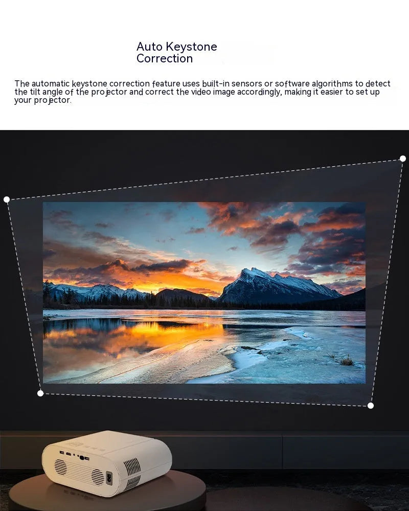 White T07 smart projector with remote control on a table, displaying a 1080p Full HD image.