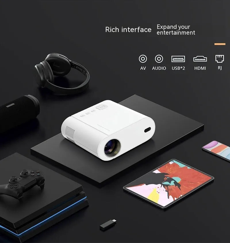 White T07 smart projector with remote control on a table, displaying a 1080p Full HD image.