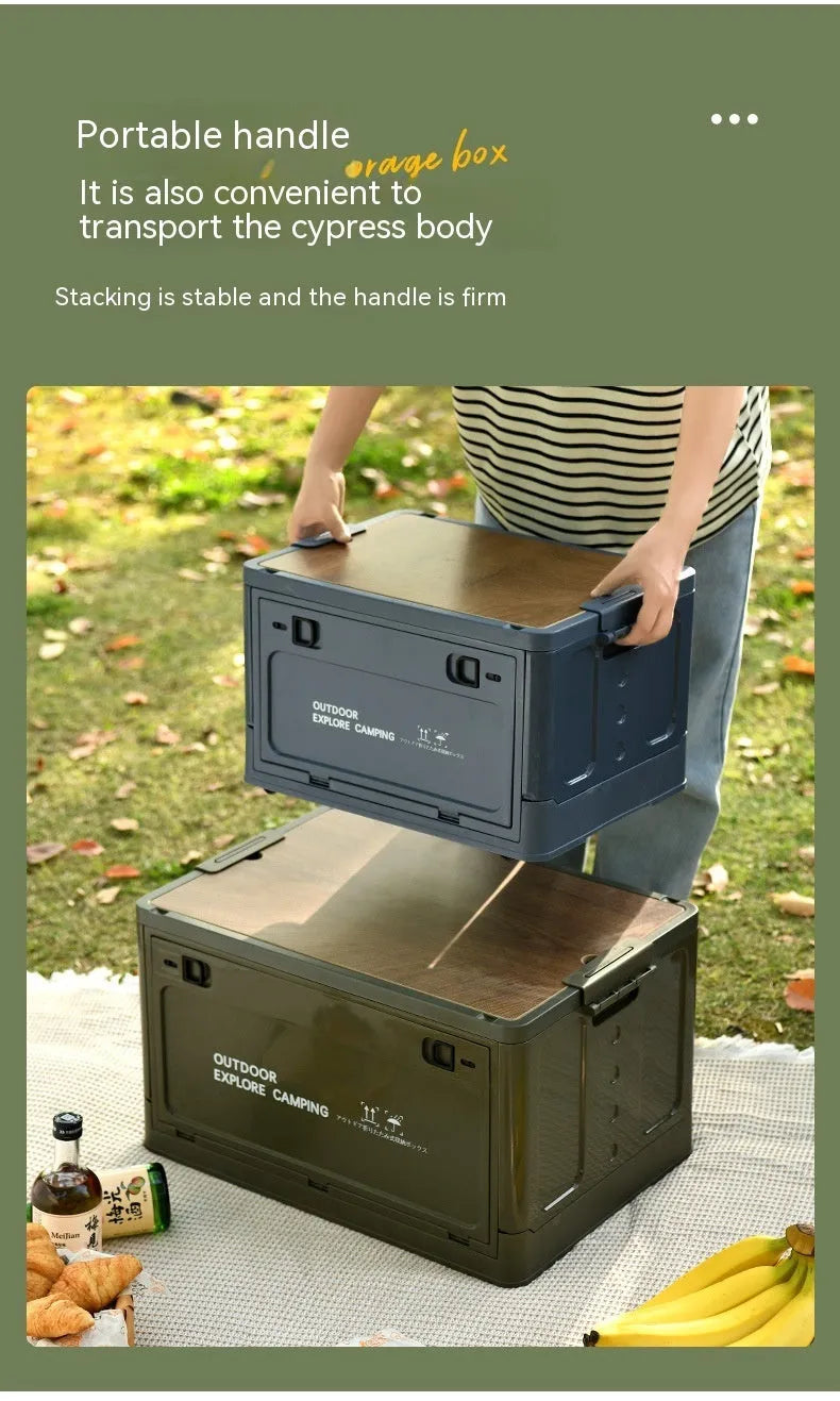 Large white plastic storage box with wooden lid for household organisation
