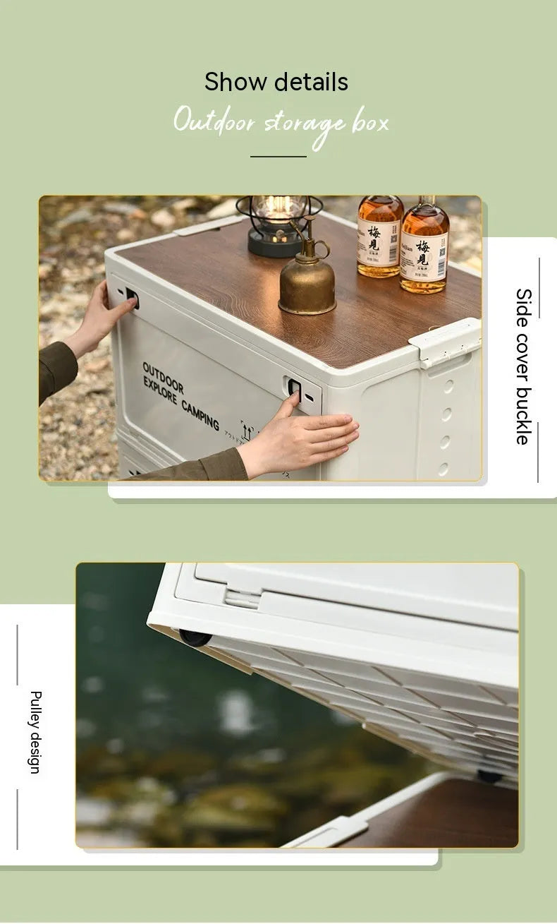 Large white plastic storage box with wooden lid for household organisation