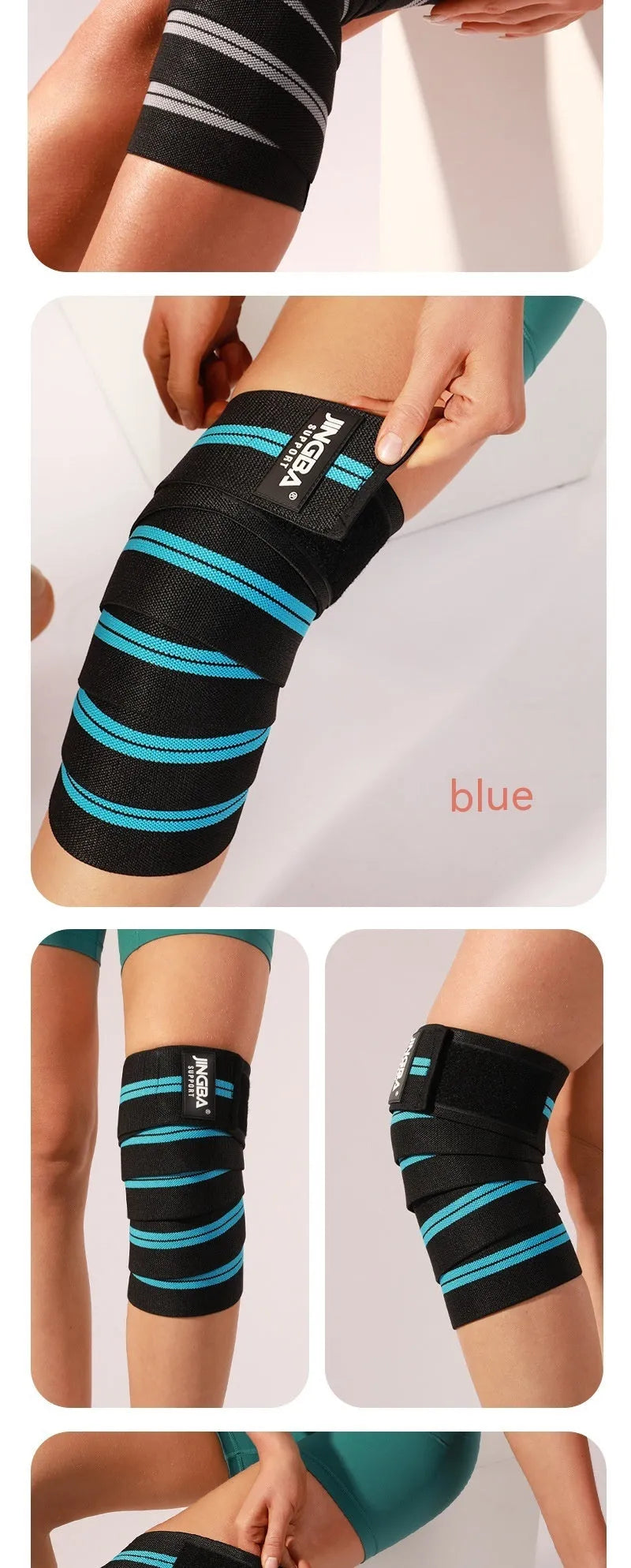 Adjustable sports knee pads in blue, grey, red, and yellow colours for weightlifting and cycling protection