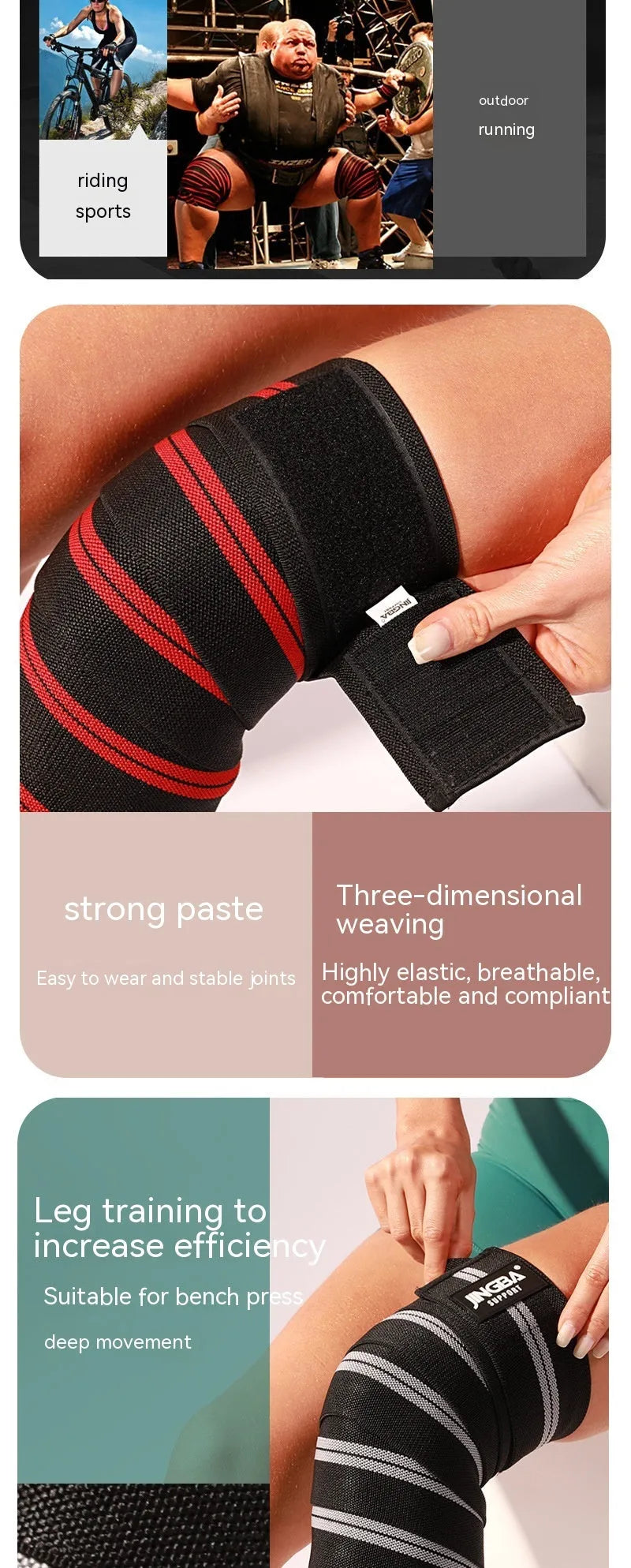 Adjustable sports knee pads in blue, grey, red, and yellow colours for weightlifting and cycling protection