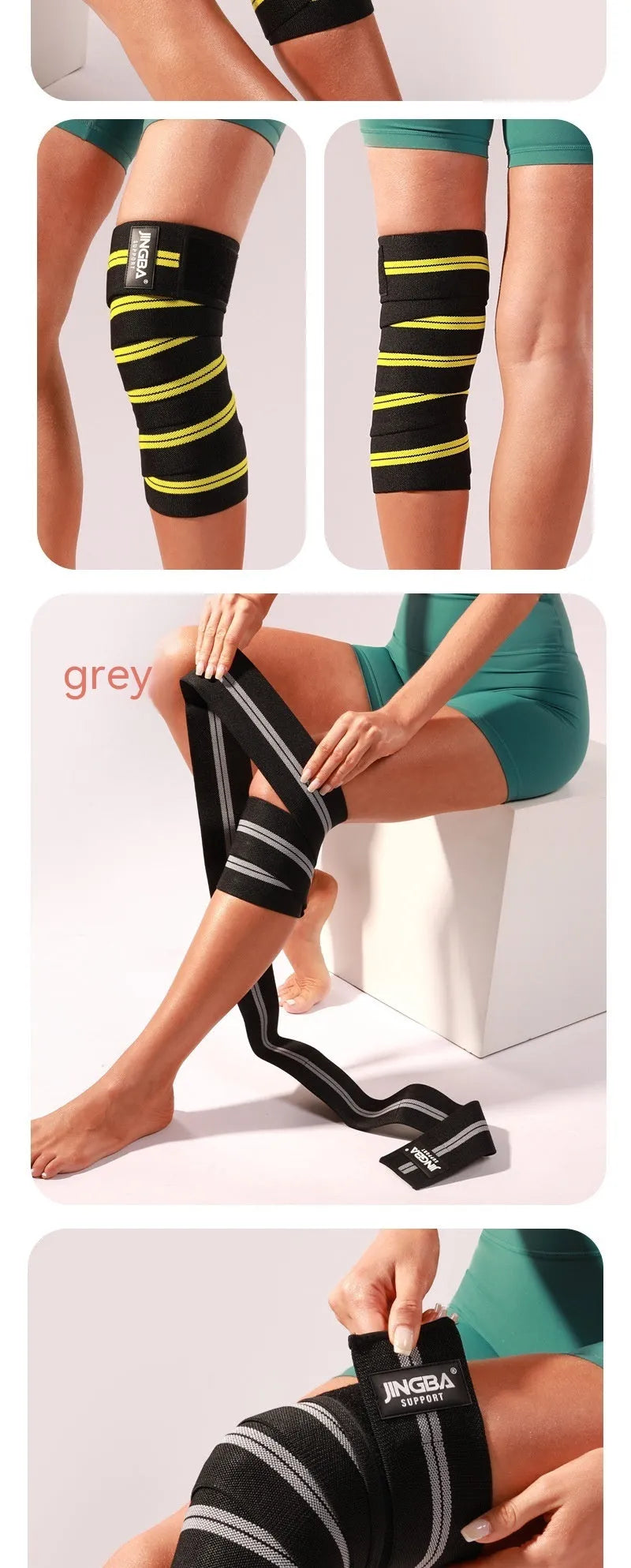Adjustable sports knee pads in blue, grey, red, and yellow colours for weightlifting and cycling protection