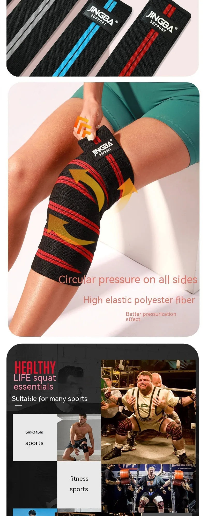 Adjustable sports knee pads in blue, grey, red, and yellow colours for weightlifting and cycling protection