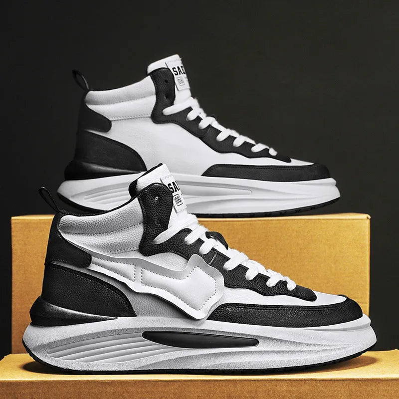 Men's black and white platform high-top board shoes with round toe design