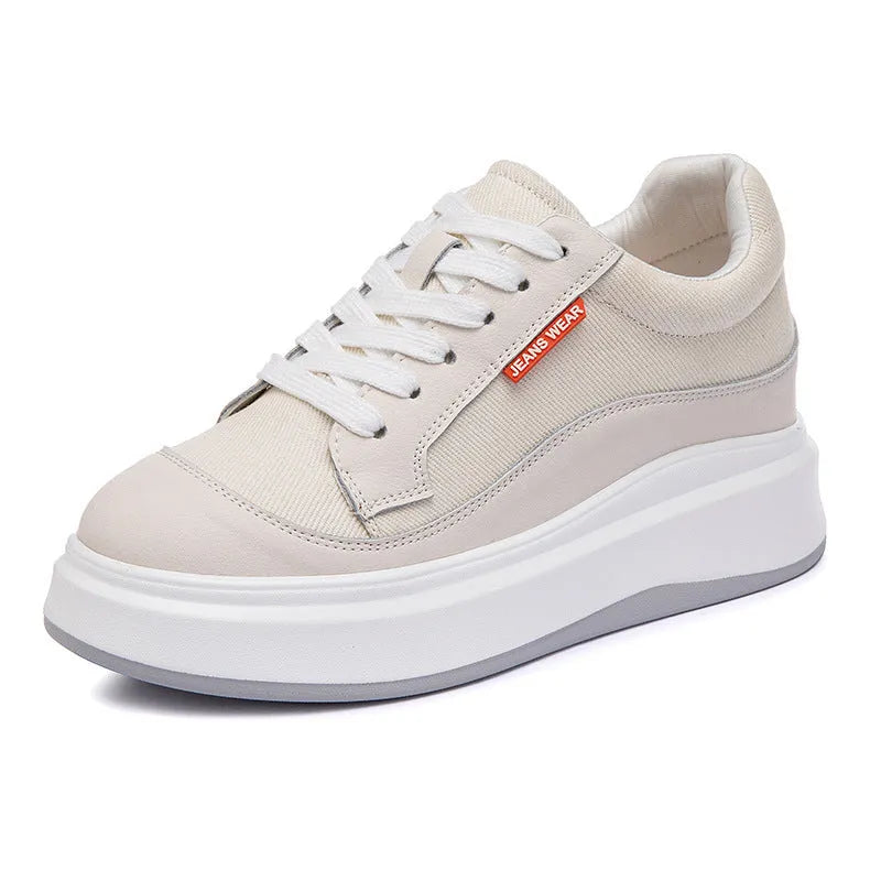Women's beige and pink thick-soled leather board shoes on a white background.